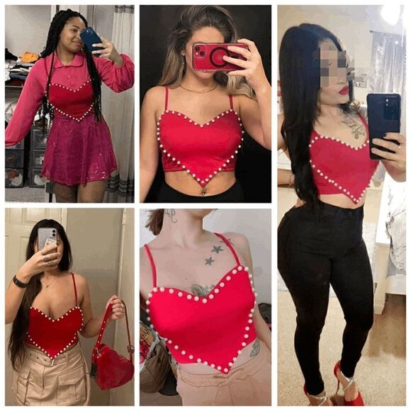 ❤ Cute Heart Shaped Crop Top Pearls Trim NEW - Picture 13 of 16